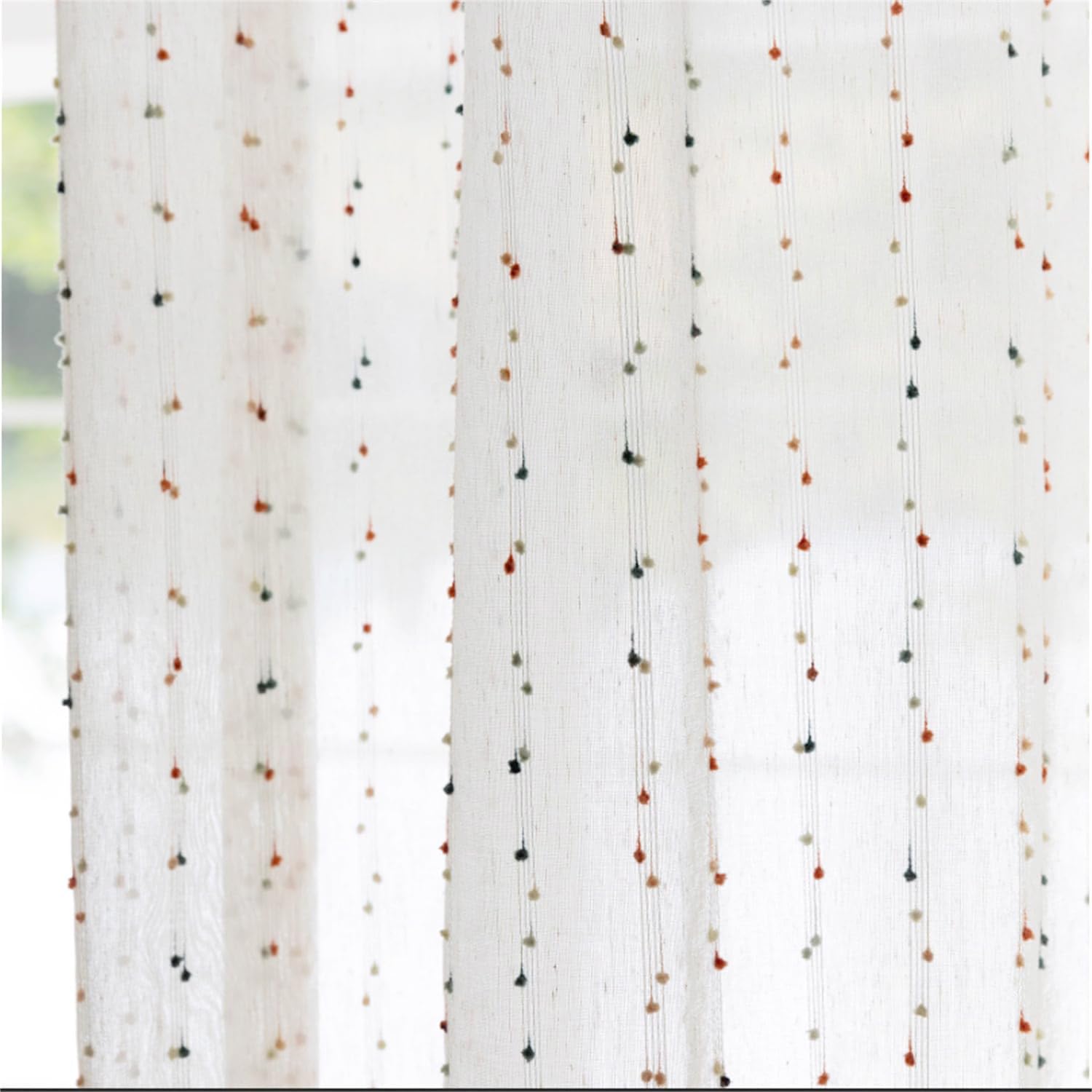 Faux Linen Colorful Pom Pom Sheer Curtains for Kids Room Embroidered Light Filtering Voile Drapes Rod Pocket Window Curtain Vintage Window Treatment 2 Panels (White, W55 X L94 Inch)