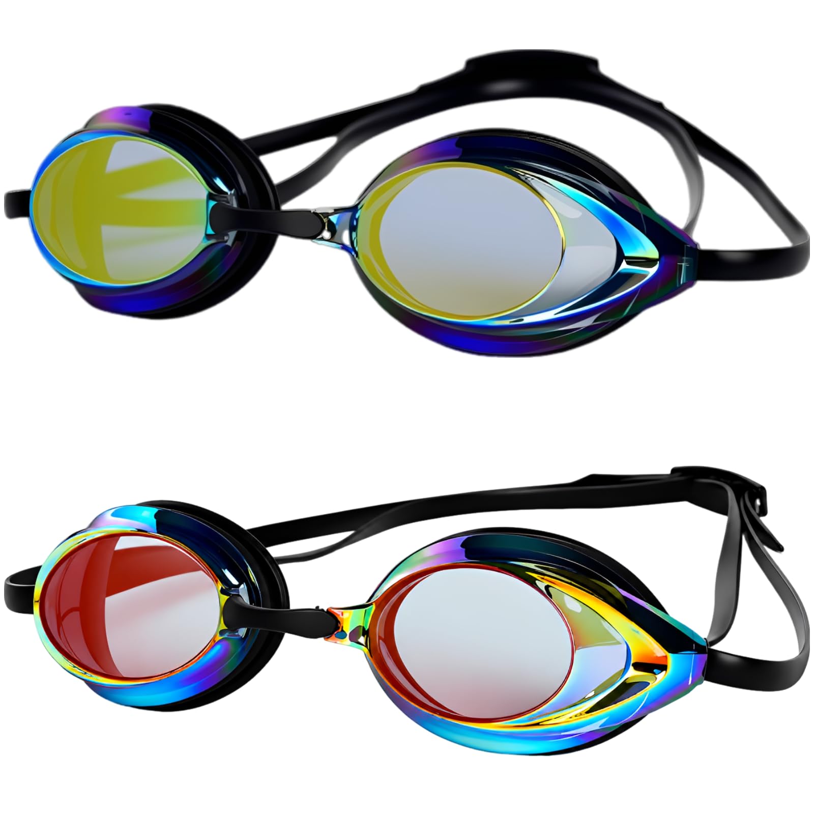 Generisch 2er Pack Schwimmbrillen, beschlaghemmend und strömungsarm, verspiegelte blendfreie Gläser mit 3 wechselbaren Nasenstegen, für Training und Wettkampf, für Erwachsene Damen und Herren