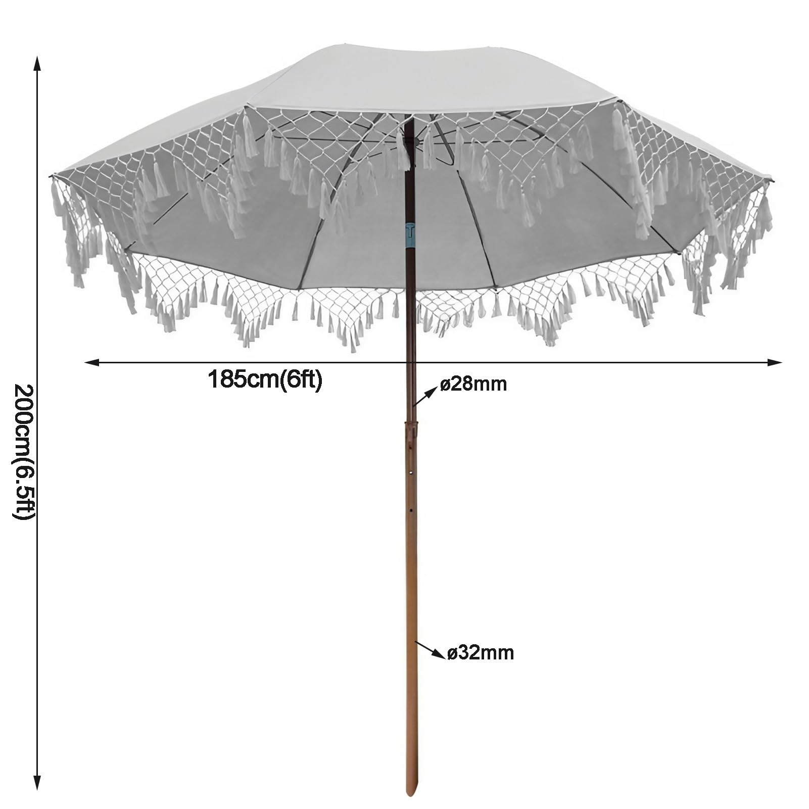 Ombrellone da spiaggia con frange da 200 cm/6,5 piedi, inclinazione regolabile, protezione solare UPF50+, stecche in fibra di vetro antivento.