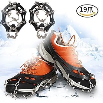 Boonor 19本爪 アイゼン 靴底用滑り止め 簡単装着 収納袋付き 雪山・登山・トレッキングなどに最適 (L(25-28cm))