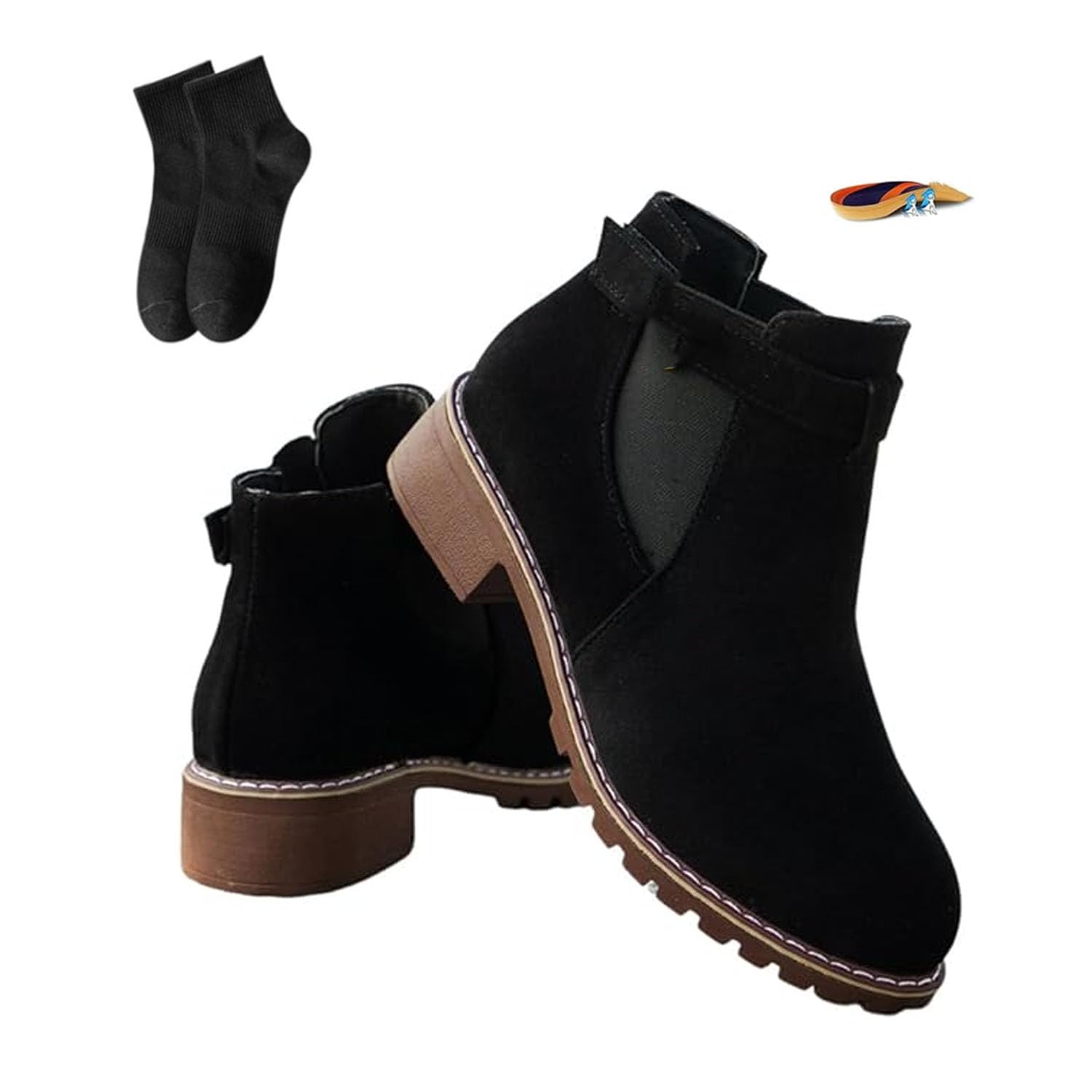 Botas de tobillo retro con hebilla plana para mujer, de ante para otoño e invierno, tacón bajo, punta puntiaguda, botines cortos gruesos, informales, cómodos, zapatos de oficina para caminar
