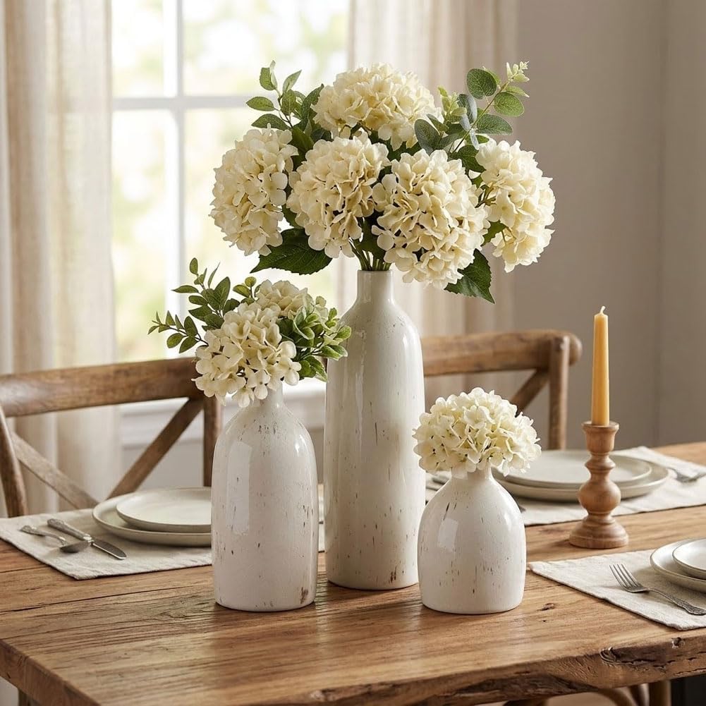 White Ceramic Vase Set of 3, Farmhouse Vases for Home Decor, Rustic Flower Vases for Living Room, Shelf, Kitchen, Mantel, Bedroom, Coffee Table, Office, Bathroom, Entryway Table Centerpiece Decor