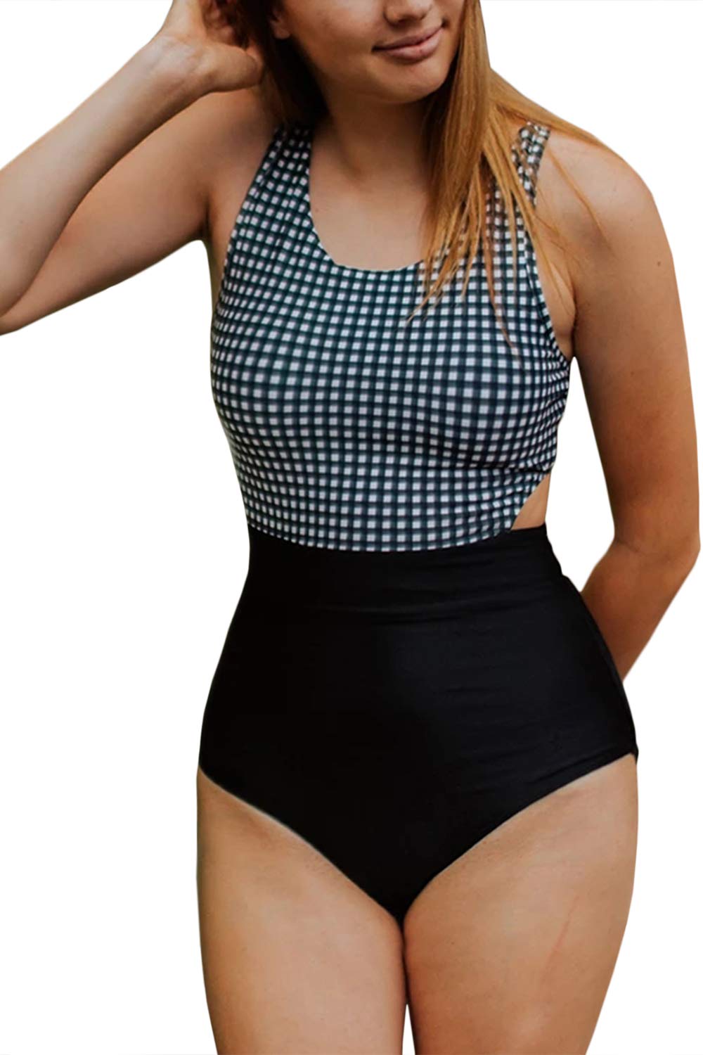 AlmareeWomen's Plus Size Check Print Zip Tie One Piece Swimsuits Swimwear Black XL