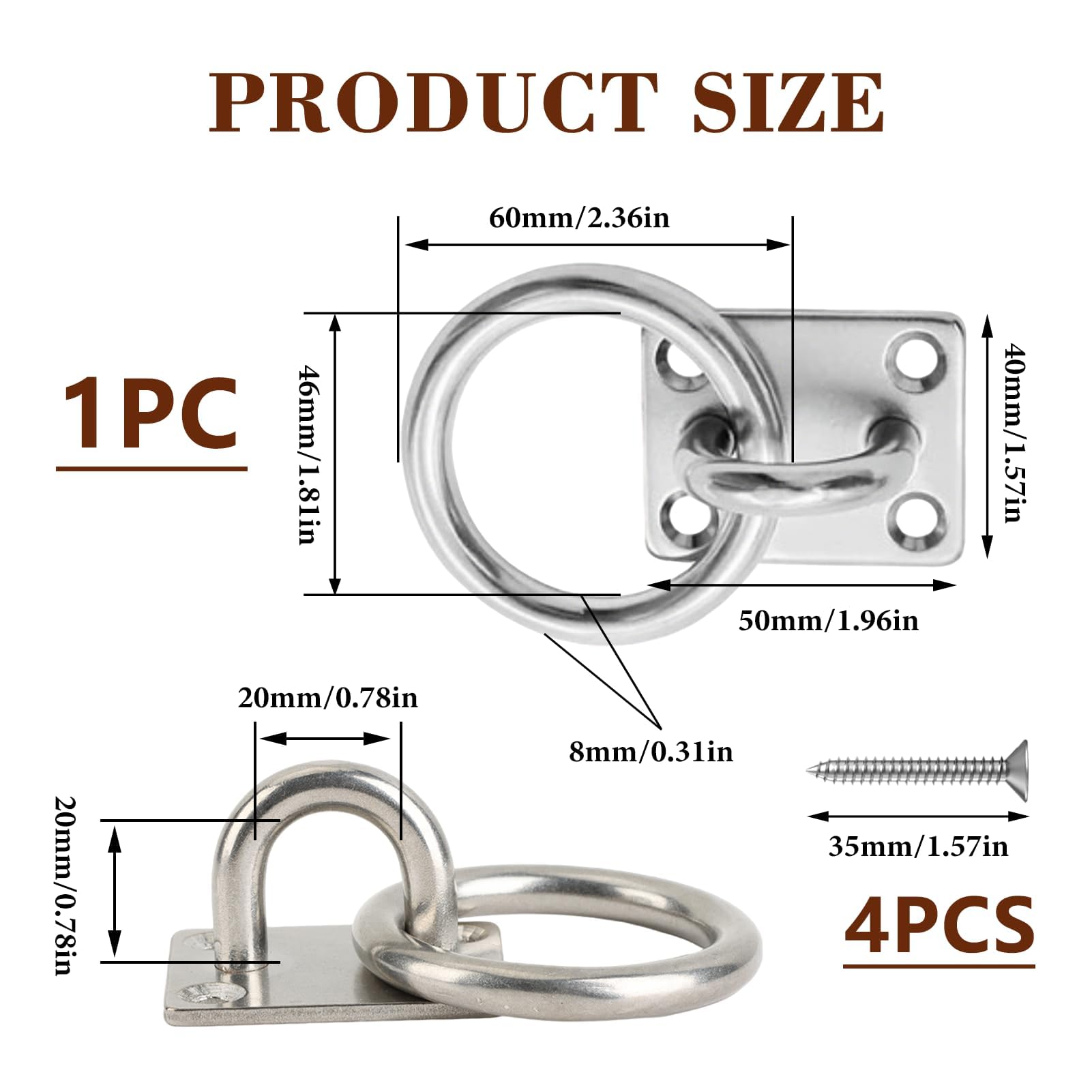 1 Pièce Anneau D’Attache Cheval En Acier Inoxydable Avec Plaque Carrée 40×50 mm Électro Poli, Anneau Fixe Ø60 mm Intérieur Ø46 mm, Vis M6, Pour Yacht, Armoire, Écurie, Anneaux Pour Chevaux