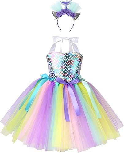 YiZYiF Disfraz de sirena de lentejuelas sin mangas colorido tutú vestido de fiesta de cumpleaños con diadema