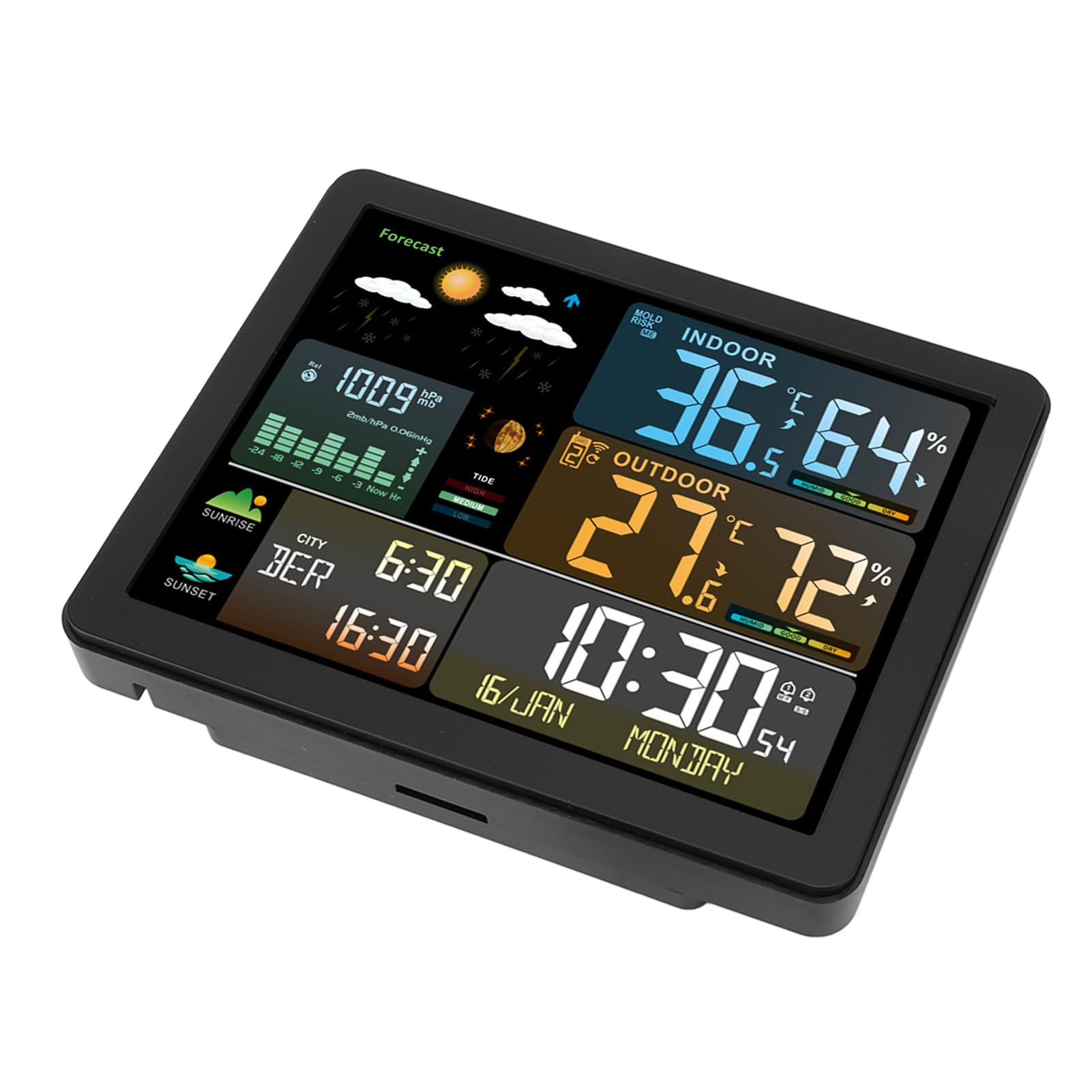 Funkwetterstation, Digitale Wetterstation mit Temperatur, Luftfeuchtigkeit, Wettervorhersage, Uhr, Drucktendenz und Dualalarm für den Innen- und Außenbereich