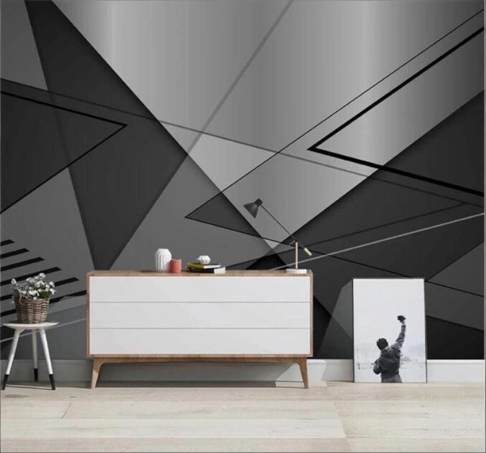 Xlming 400Cm×280Cm(B×H) Abstract Black And White Grey Triangles Geometric 3D Wallpaper Luxury Silk Study Dining Feature Sofa Grey Bedroom Living Room Tv Decorative Wall-400Cm×280Cm