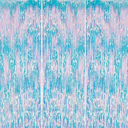 Image of DECOCKRAT 3 Pack Foil Fringe Backdrop - Iridescent Shiny Tinsel Curtains for Party Decoration /Photo Booth Props - 3.3x8.2 FT Metallic Foil Backdrop for Birthday, Wedding, Graduation, Christmas.