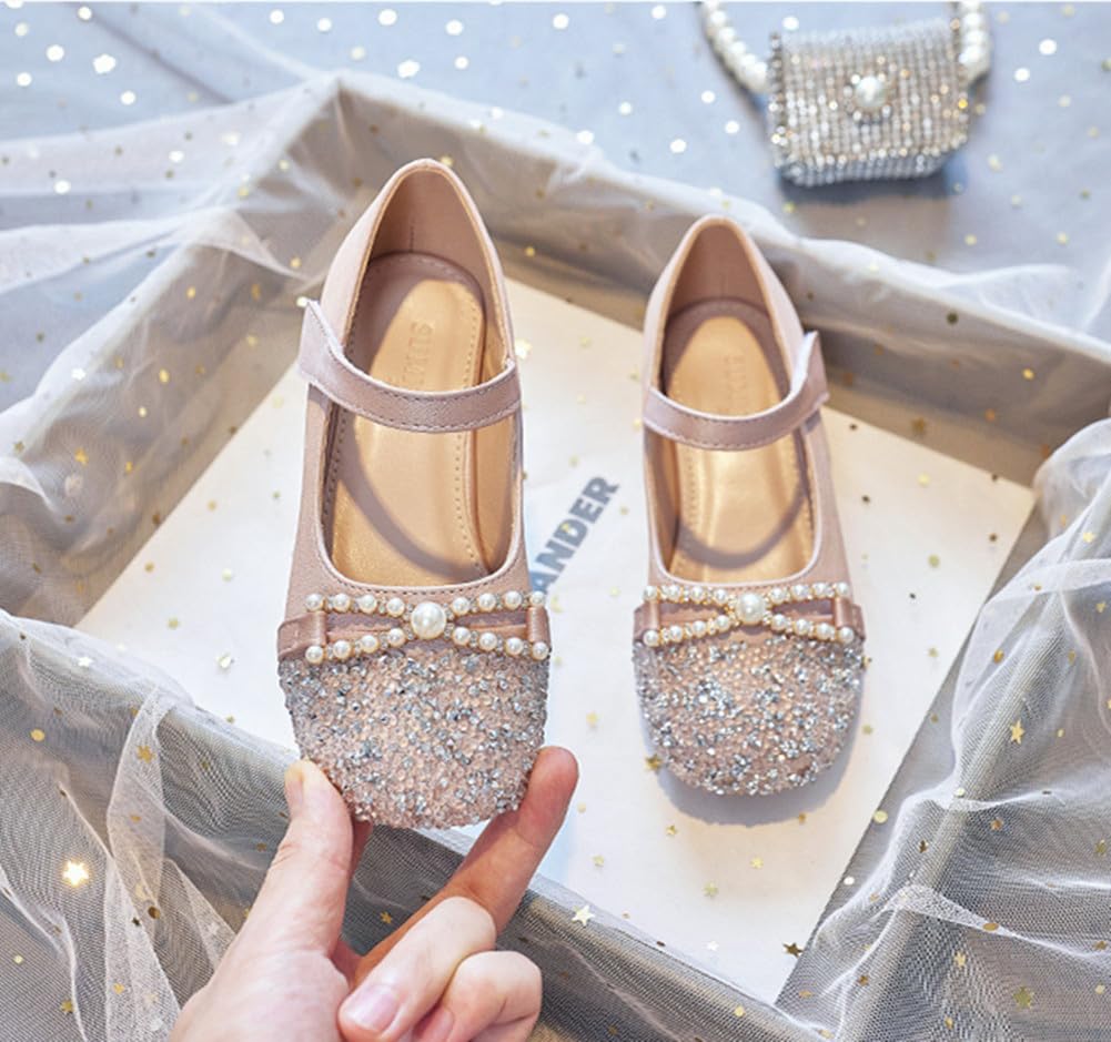 JGKDTX Girls Glitter Low Heel Mary Jane Flats Flower Princess Party Wedding Bow Dress Shoes for Kids (Pink, Toddler, 10, Numeric, US Footwear Size System, Medium)