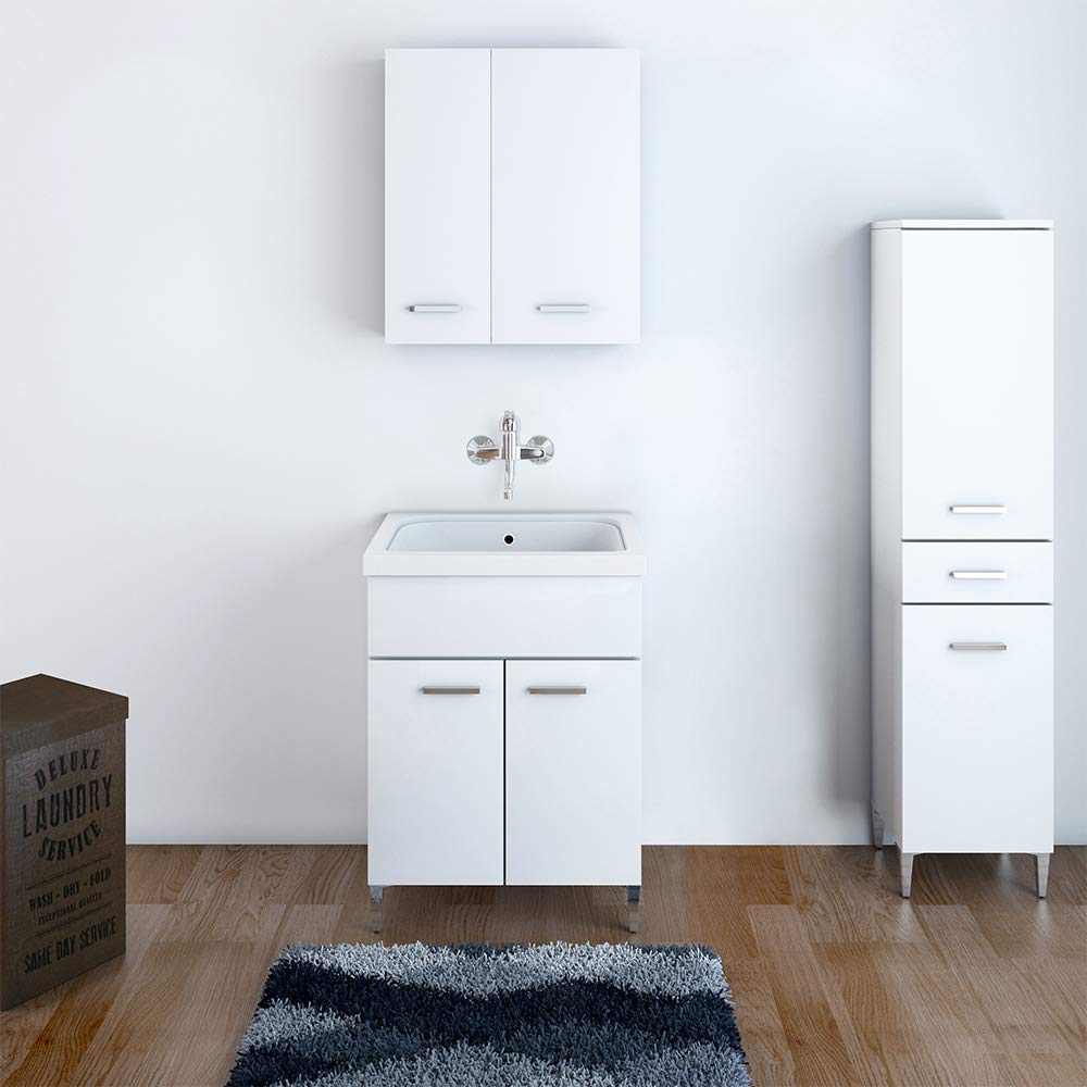 Inbagno Mobile Lavatoio, L.60xP.50xH.86.5, Bianco Lucido, Vasca in Ceramica, con Strofinatoio Integrato
