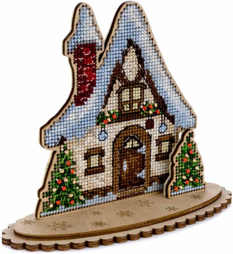 Wonderland Crafts Christmas House Cross-Stitch kit on Wood FLW-047