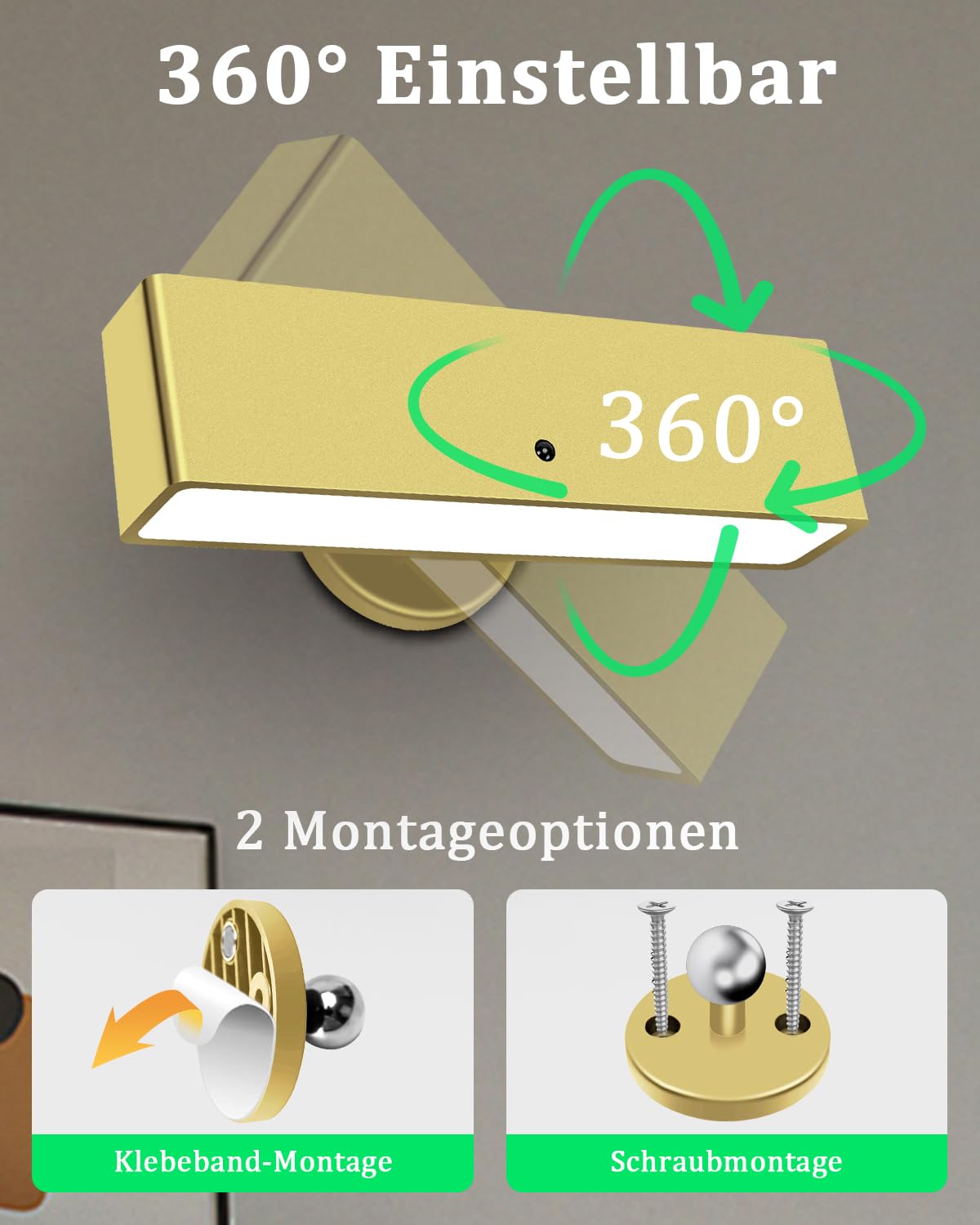 Toowell Oplaadbare wandlamp voor binnen, goud, werkt op batterijen, wandlamp zonder stroomaansluiting, met afstandsbediening, kabelloos, 2 stuks, voor woonkamer, trap, slaapkamer