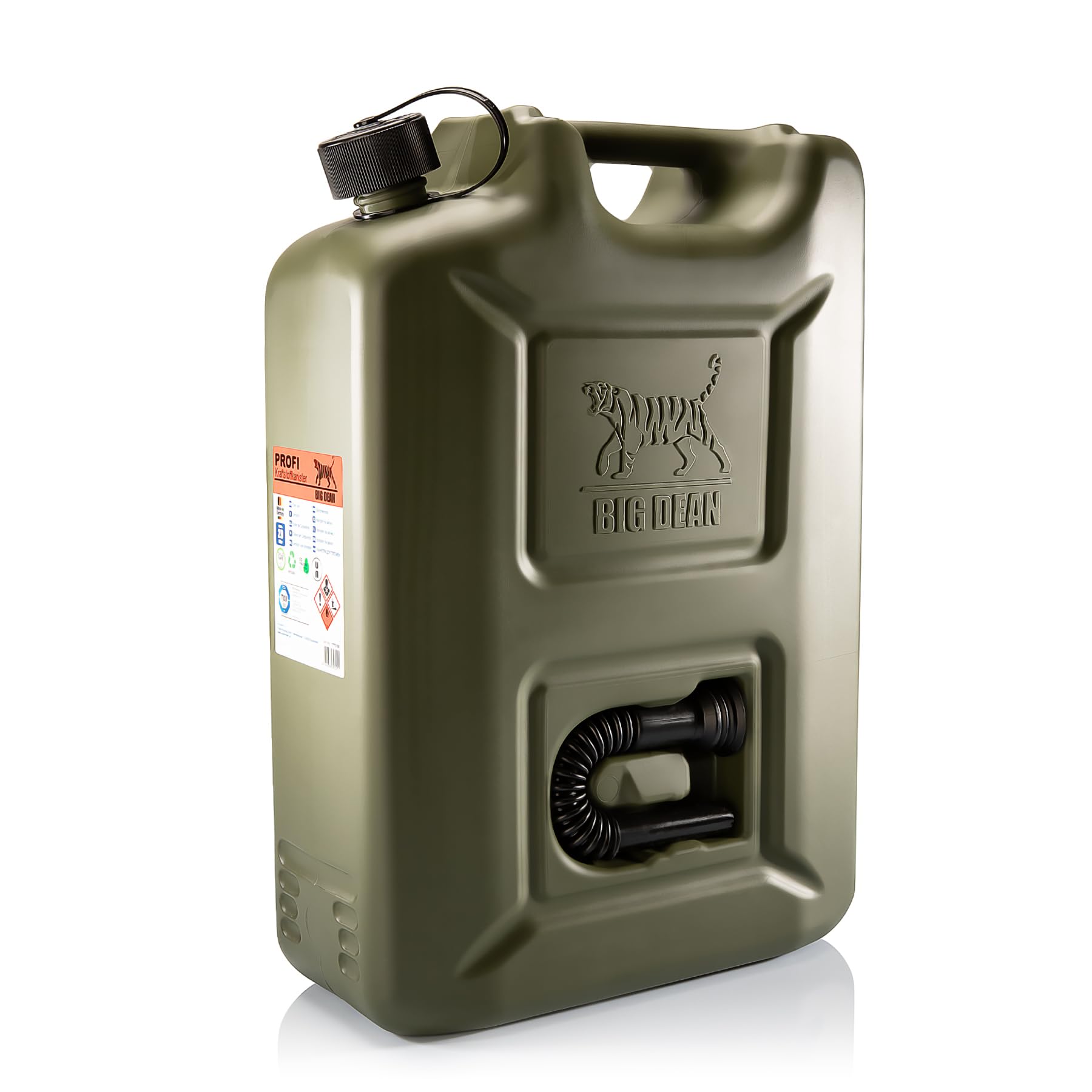 BigDean 5 Stück Benzinkanister 20L in Olivgrün mit Flexiblem Ausgießer - Kraftstoffkanister für Benzin & Diesel - Reservekanister aus Kunststoff - Made in Germany