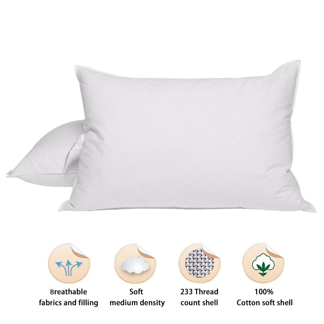 puredown® Coppia di Cuscini in Piuma D'Oca e Cuscino Naturale Lavabile in Cotone 100%, Bianco,48x74cm