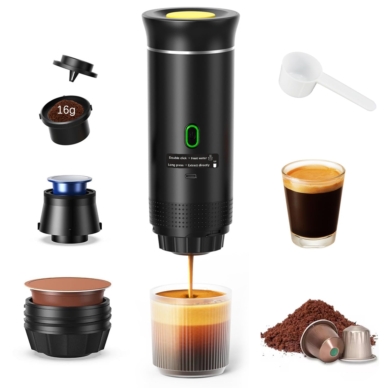 Machine a Cafe Portable, 3 en 1 Cafetiere Portable Rechargeable Compatible avec Capsules Espresso et Poudre de Café, Chauffage Électrique, Rechargeable, pour Camping Bureau Maison Voiture