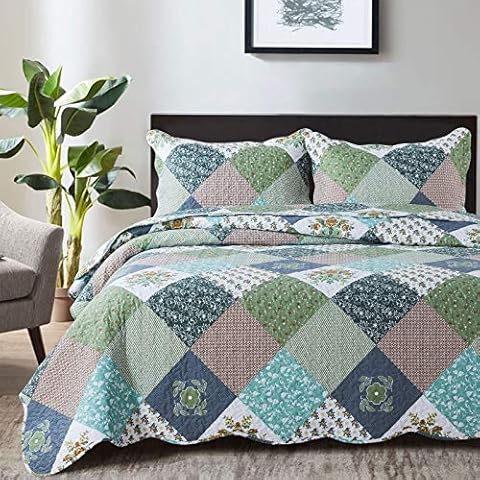 HoneiLife Quilt Set Queen Size - 3 Piece Microfiber Bedspread Reversible Coverlets Patchwork Bedding Set Lightweight Bedcover Floral Bedspreads All Season Quilts-Mint Green Cover