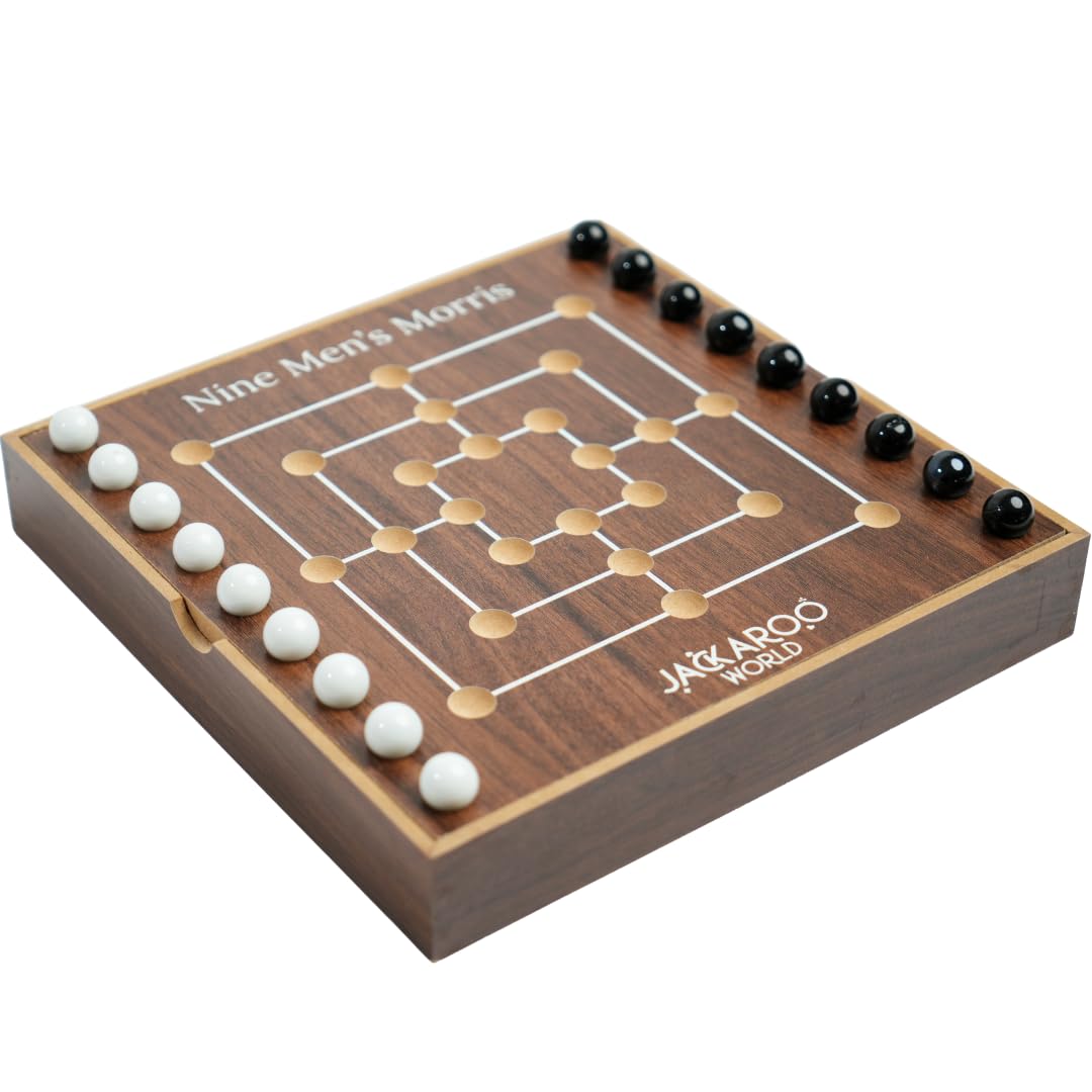 Nine Mens Morris Board Game, Marble Strategy Game, Solid Wooden Game with 18 Marbles, 2 Player Games, Ancient Board Games, 9 Mens Morris Game Mill, Strategy Games for Adults (Walnut)