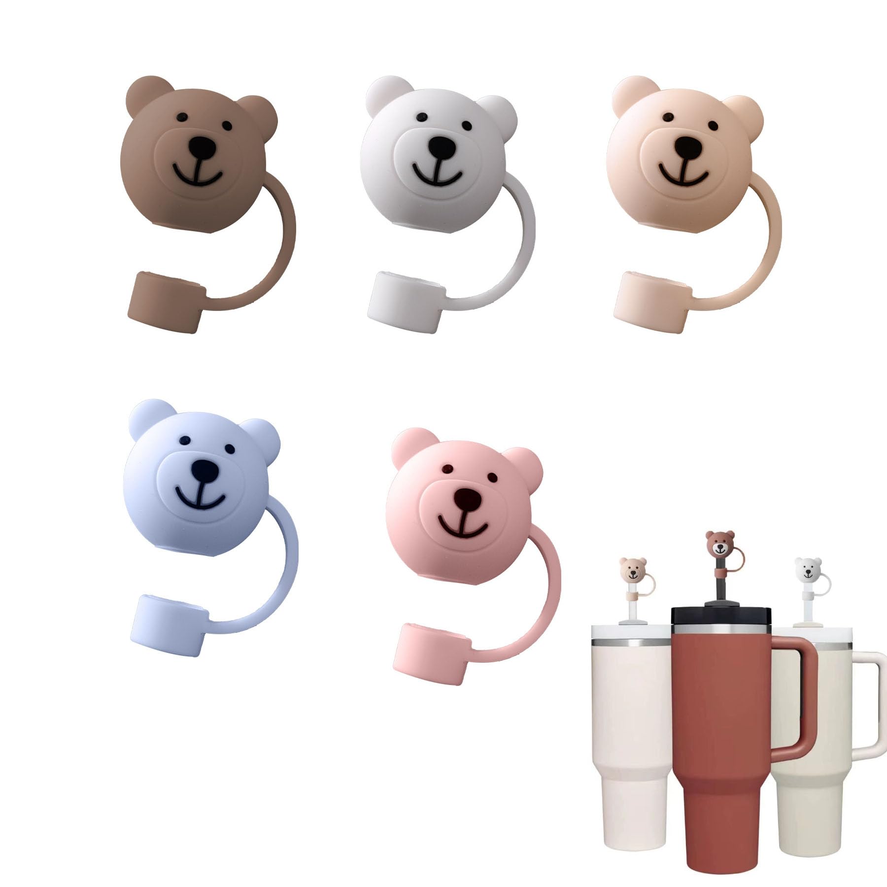 BAIYSFFG 5pcs Bear Straw Cover, Cute Straw Covers Cap Cartoon Soft Silicone Bear Straw Toppers Straw Tips Lids Protector Cover BPA Free Compatible with 10mm Stanley Straws 30 40 oz Tumbler Cup