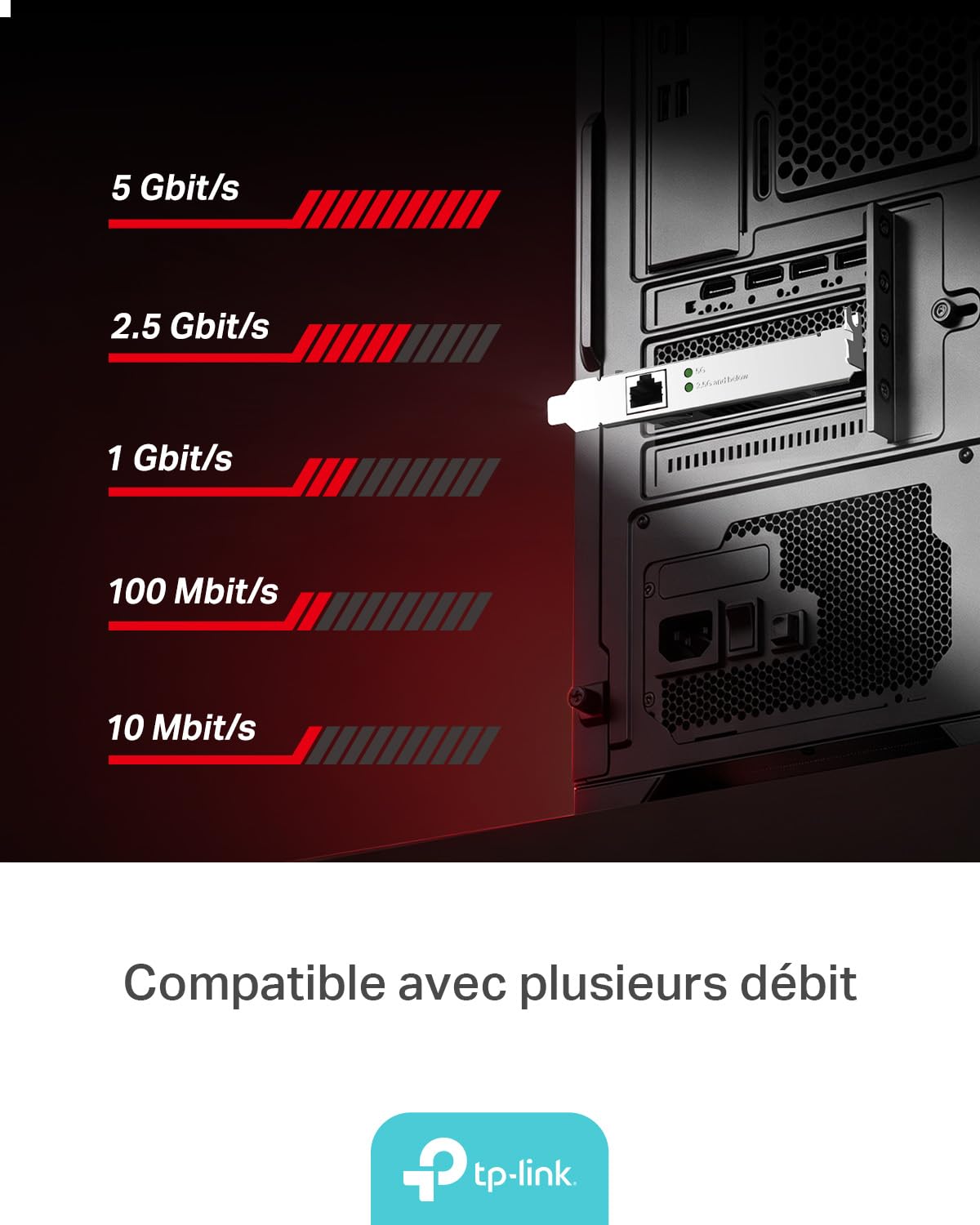 TP-Link Carte WiFi PCIe 5 Gigabit RJ45, TX301 | Ethernet 5 Gb RJ45, Wake-on-LAN, faible latence, idéal NAS/serveur/transferts rapides, compatible Windows et Linux
