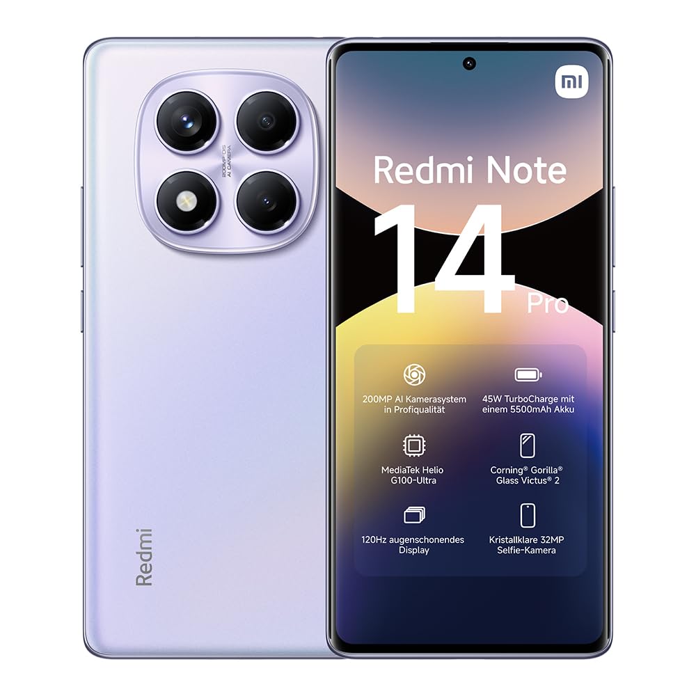 XIAOMI Smartphone Redmi Note 14 Pro, 8+256GB, fotocamera AI di livello professionale da 200MP, batteria da 5500mAh, fotocamera selfie da 32MP, funzionalità AI (caricabatterie non incluso), Viola