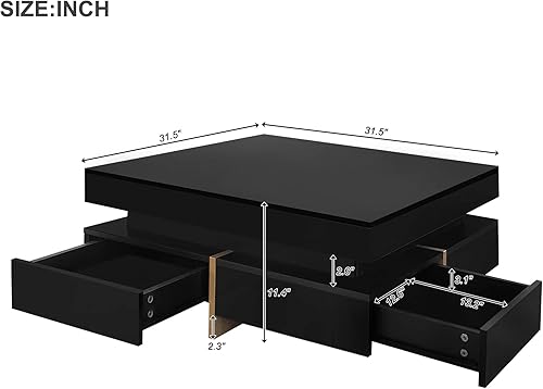 Miniatura 9 de Mesa de centro de alto brillo con luces LED de 16 colores, mesa de cóctel UV con 2 cajones y estante de exhibición, mesa central moderna para sala