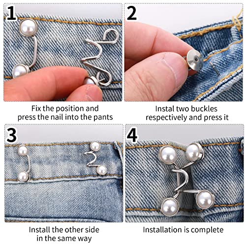 Adjustable Jean Button,2 Sets Jean Button Pins,Adjustable Waist Buckle Extender for Jeans,Waist Tightener Instant Clips for Loose Jeans Skirts(White Pearl) - Image 4