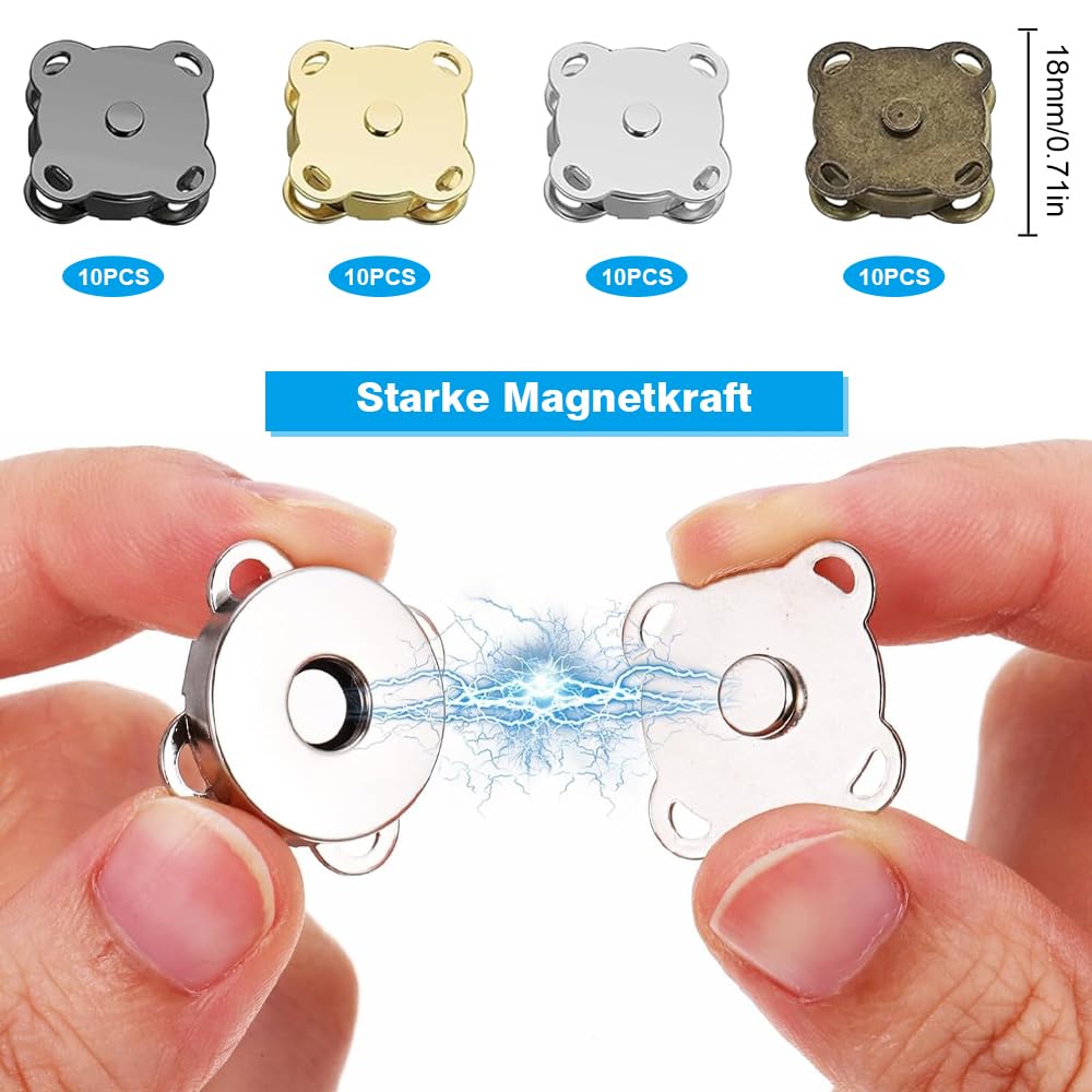 40 zestawów magnetycznych zatrzasków 18 mm, guziki magnetyczne do przyszycia, metalowe śliwkowe zapięcie na guziki, do ubrań, toreb, LED, 4 kolory