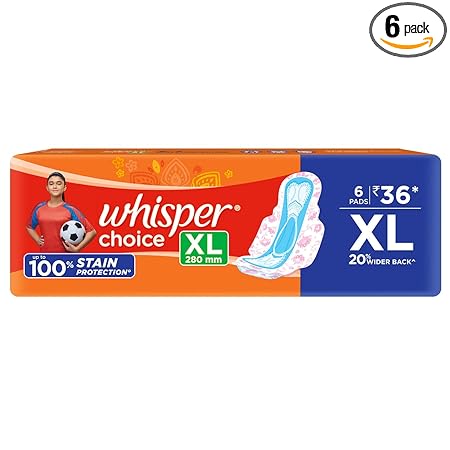 WHISPER CHOICE SANITARY PADS, 6 XL PADS, UPTO 100% STAIN PROTECTION ALL DAY, LONGER LENGTH FOR BETTER COVERAGE, 20% WIDER BACK, DRY TOP SHEET, WITH WINGS