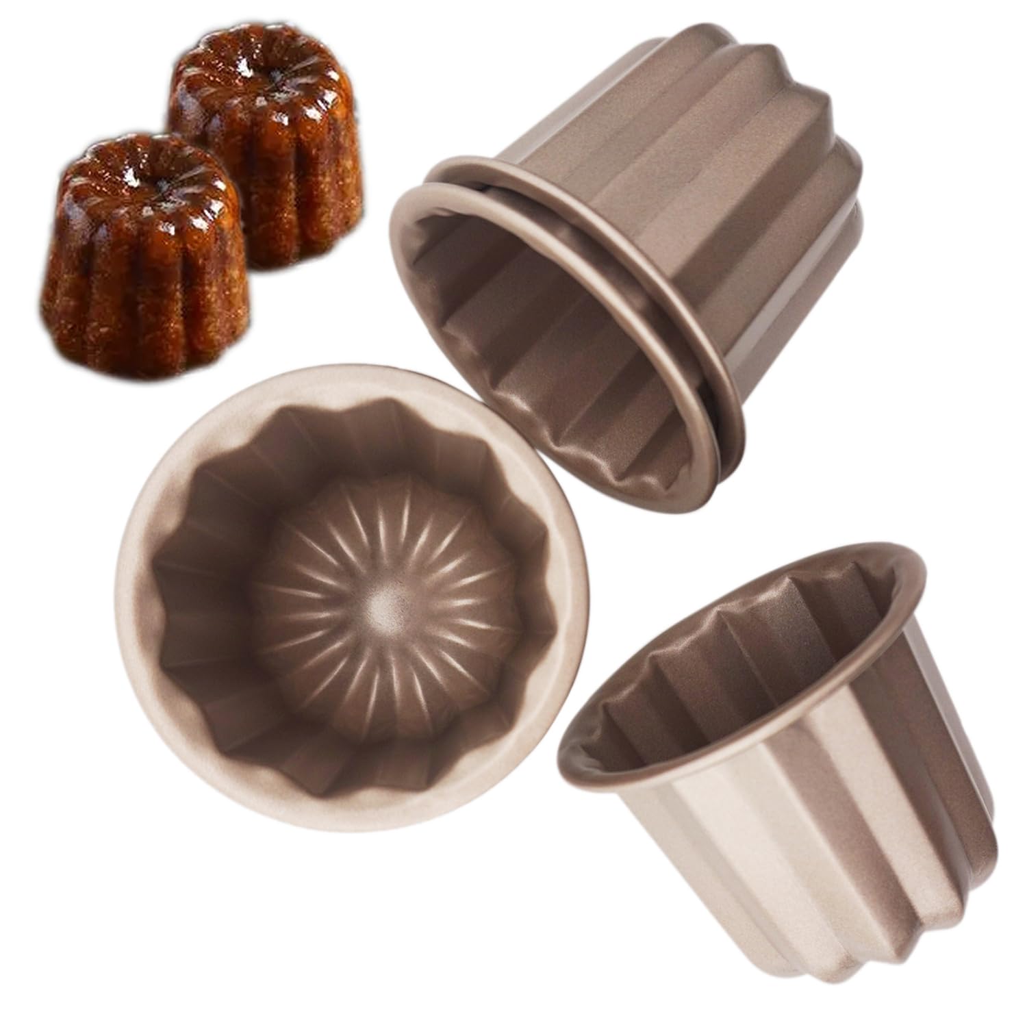 Set of 4 Nonstick Canele Molds, Mini Lace Canele Mold, Individual Washable Carbon Steel Canelle Pastry Molds, Popover Muffin Cupcake Pans for Oven Baking - 2.8 Inch, Gold