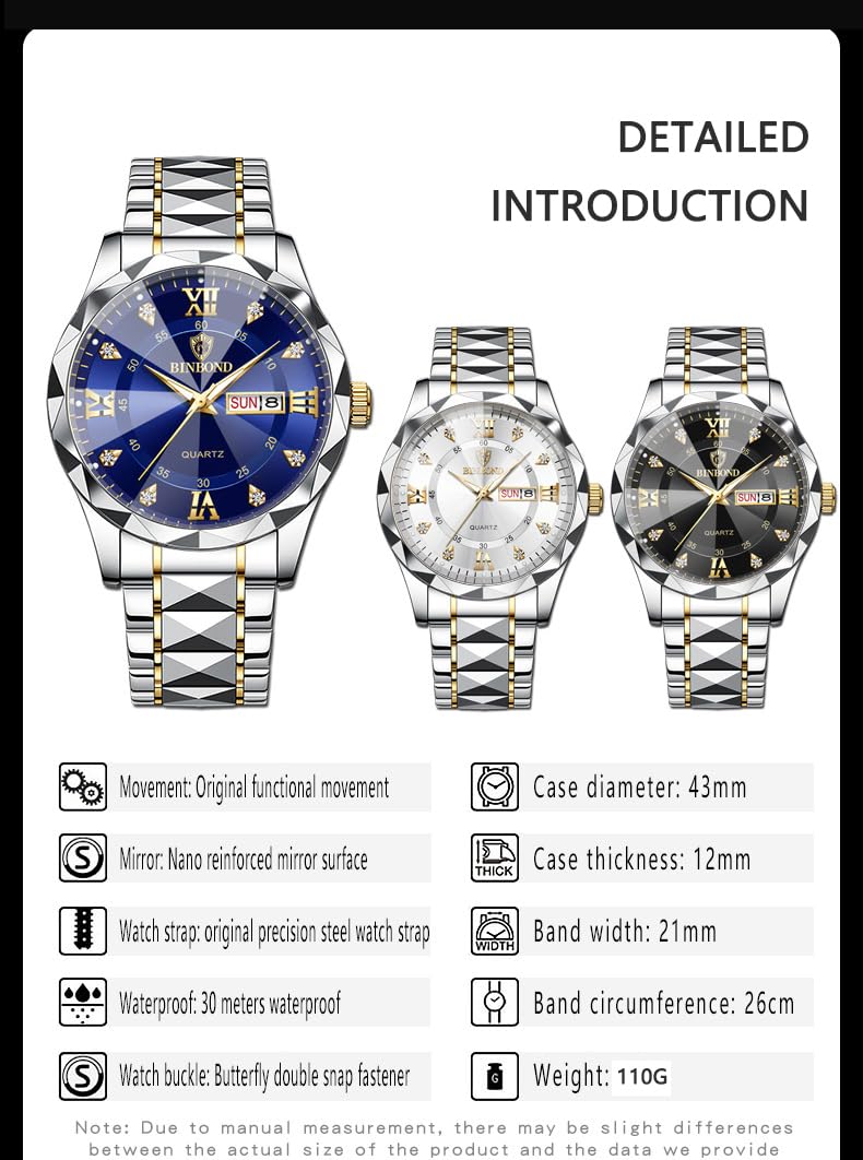 Gosasa Luxury Men's and Women's Business Diamond Stainless Steel Waterproof Roman Numeral Analog Quartz Watch with Day-Date Calendar, Gold and Silver Tone