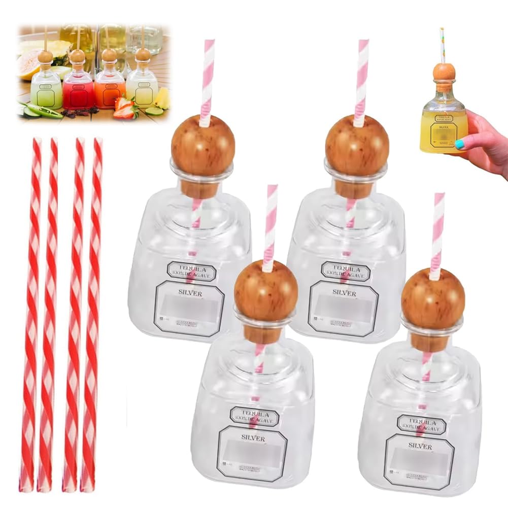 Patron Reusable Cups with Straw,Patron Bottles Empty for Drinks, Acrylic Liquor Bottle Clear Cup Hole Mini Empty Tequila Drinks Plastic Bottles for Champagne Wine Alcohol Party Favors Wedding (4pcs)