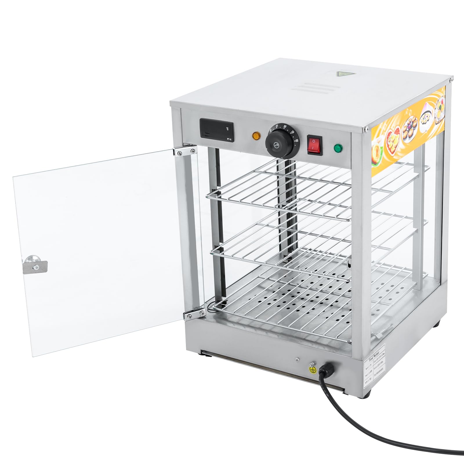 Vetrina riscaldante, contenitore termico, 800W elettrico commerciale con illuminazione, 3 livelli di banco caldo, temperatura regolabile, display digitale, in acciaio inossidabile