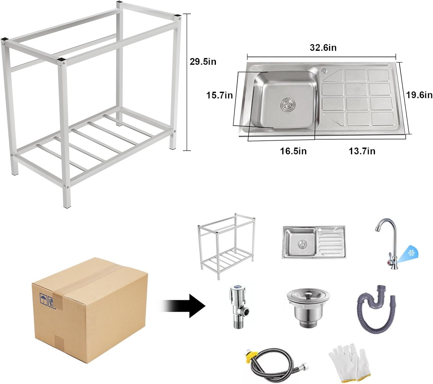 Stainless Steel Free Standing Sink with Drainboard for Laundry Room & Outdoor Patio - Utility Sink with Workbench, Shelves, and Hose Hookup
