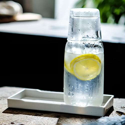 ZWMBYN Juego de jarras de agua y vasos de noche, jarra de agua de cristal de 13.52 onzas con vaso para mesita de noche, elegante decantador de