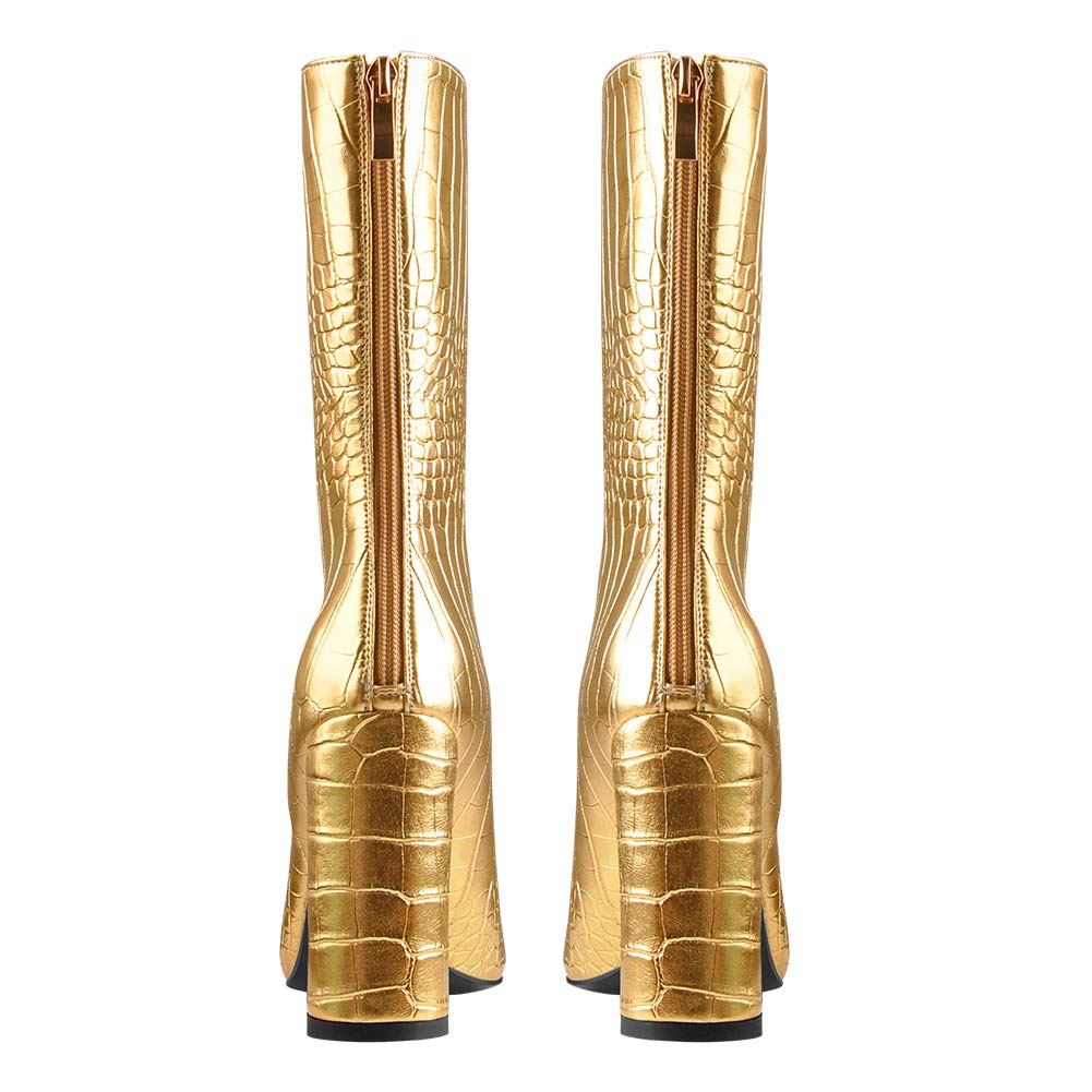 LISHAN Women's Snakeskin Chunky 4in Heel Crocodile Pull On Mid Calf Boots