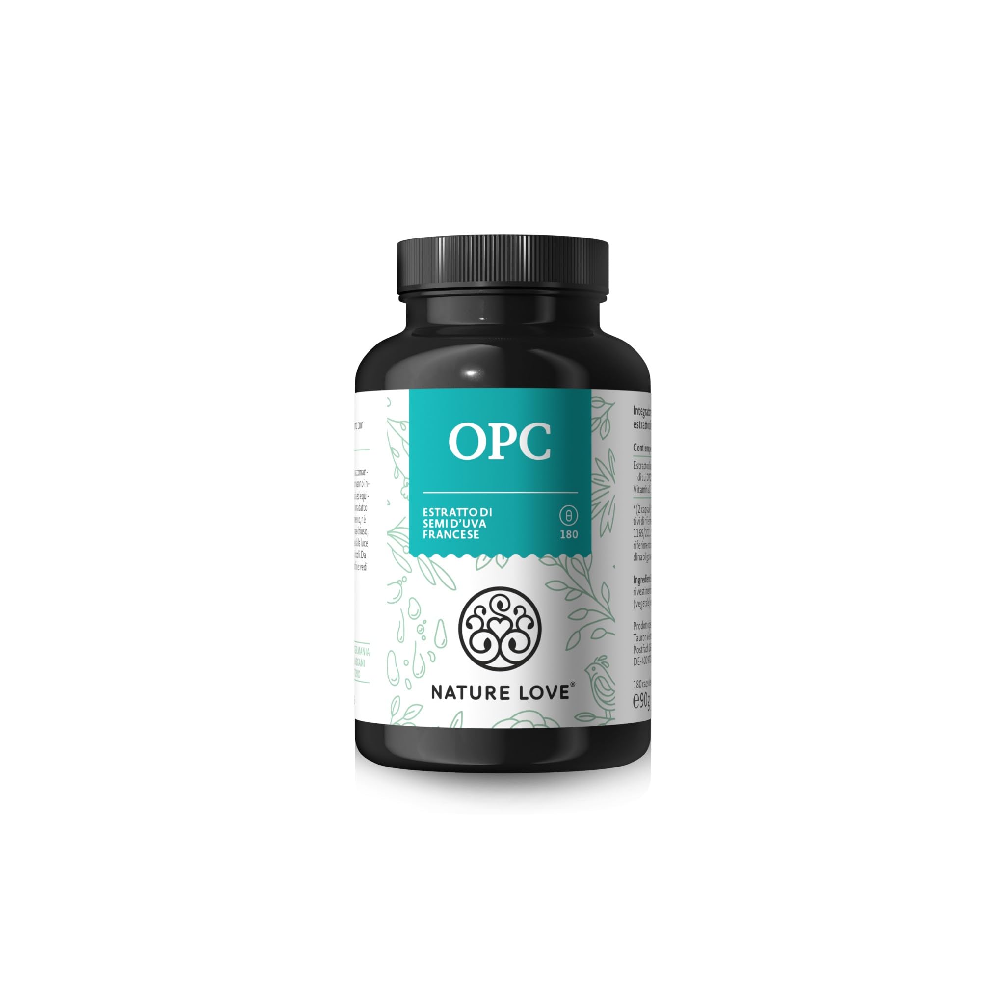 NATURE LOVE® OPC Estratto di semi d'uva - 180 capsule - alto dosaggio con 800mg di estratto/dose giornaliera - uva francese - vitamina C naturale - testato in laboratorio, vegano, prodotto in Germania