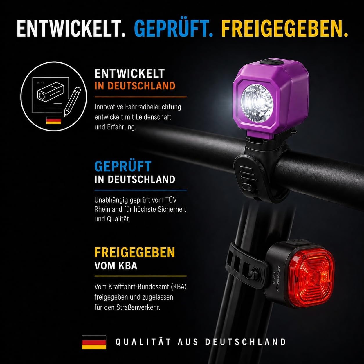 LED-MARTIN KIDDI zestaw świateł rowerowych, dopuszczony do ruchu drogowego, do rowerów dziecięcych, skuterów elektrycznych i biegowych, z kablem do ładowania 150 cm, niebieski, pomarańczowy, fioletowy