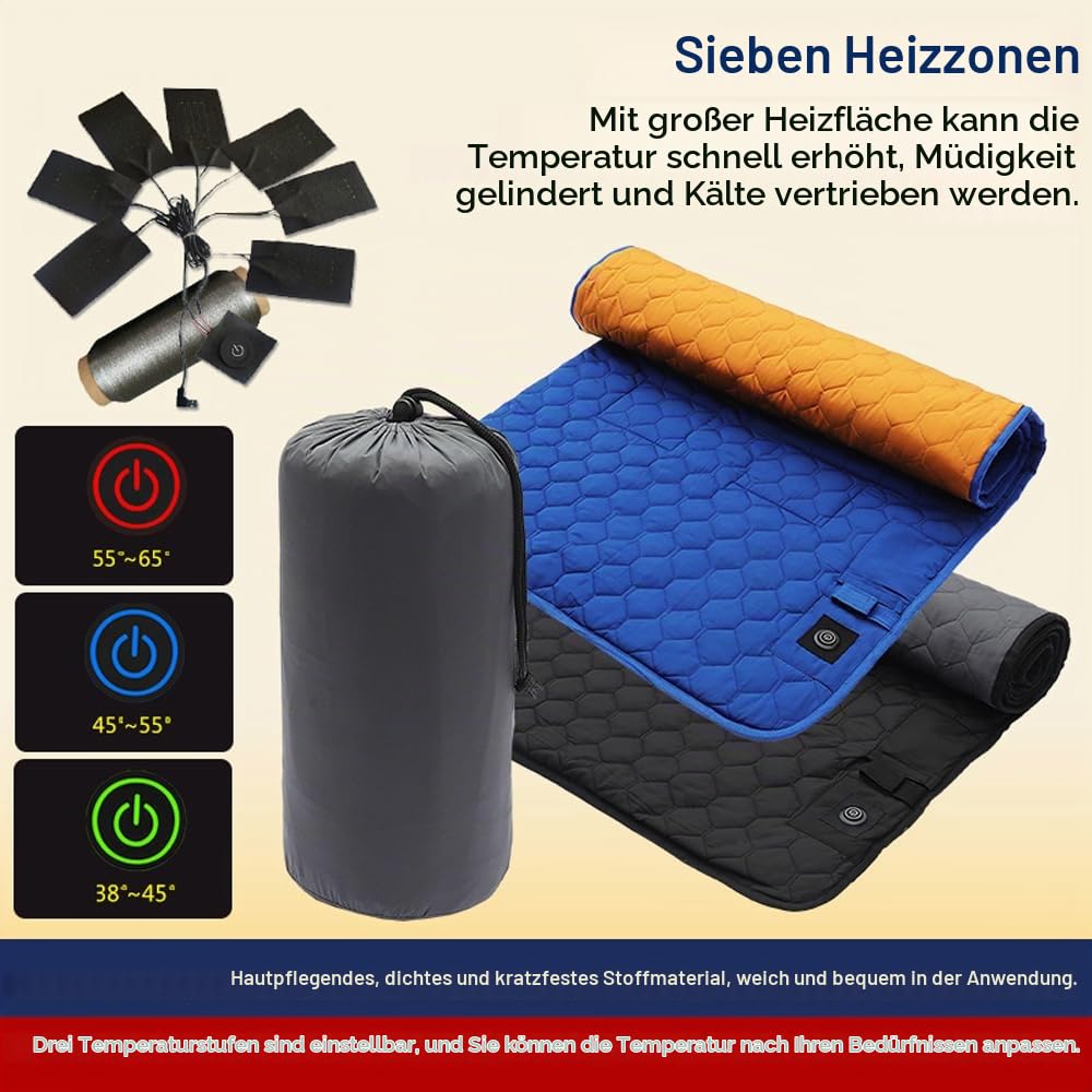 Pongnas USB-Heizmatte, 7-Zonen-Wärme-Isomatte, Einstellbare Temperatur, Campingmatte mit Aufbewahrungstasche für den Innen- und Außenbereich (BLUE)
