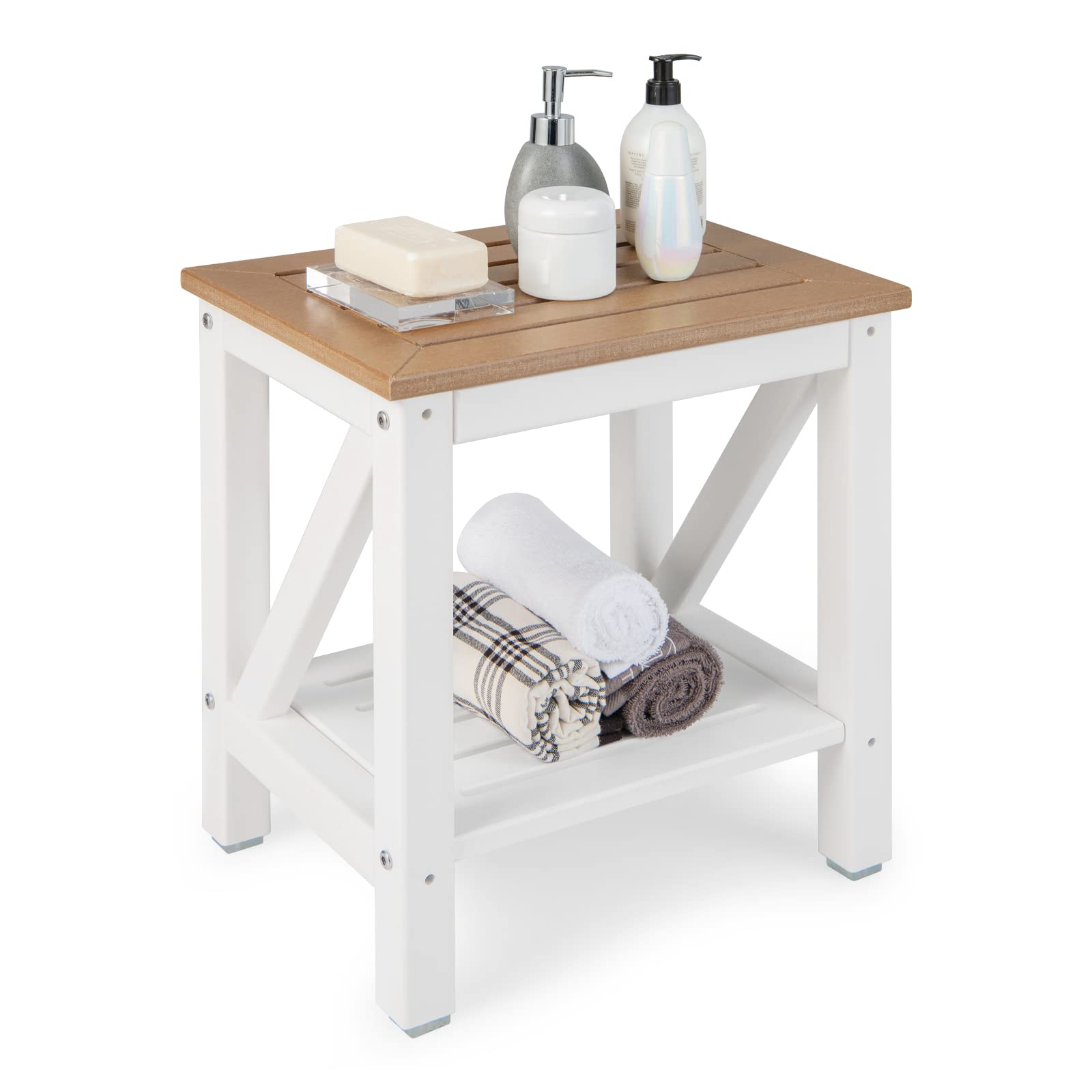 RELAX4LIFE Duschbank mit Ablage, Badhocker mit Rutschfesten Füßen, Duschstuhl bis 150 kg Belastbar, Sitzbank Wasserdicht, Badezimmerbank für Alte Schwangere, Weiß+Braun (43 x 32 x 47 cm)