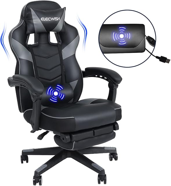 YOURLITEAMZ Racing Gaming Chair with Massage, Office Ergonomic Computer Desk Chair with Padded Footrest Support, Swivel High Back Recliner, High-Adjustable Cushion, PU Leather for Home OfficeGrey