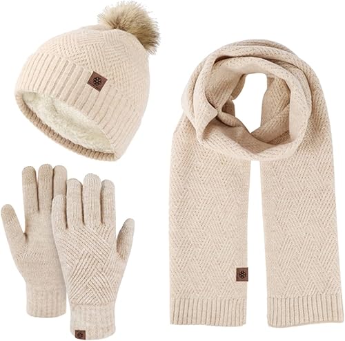 Gorro de punto de invierno para mujeres y hombres con pompones de piel sintética conjunto de bufanda larga con forro polar y calavera calentador de