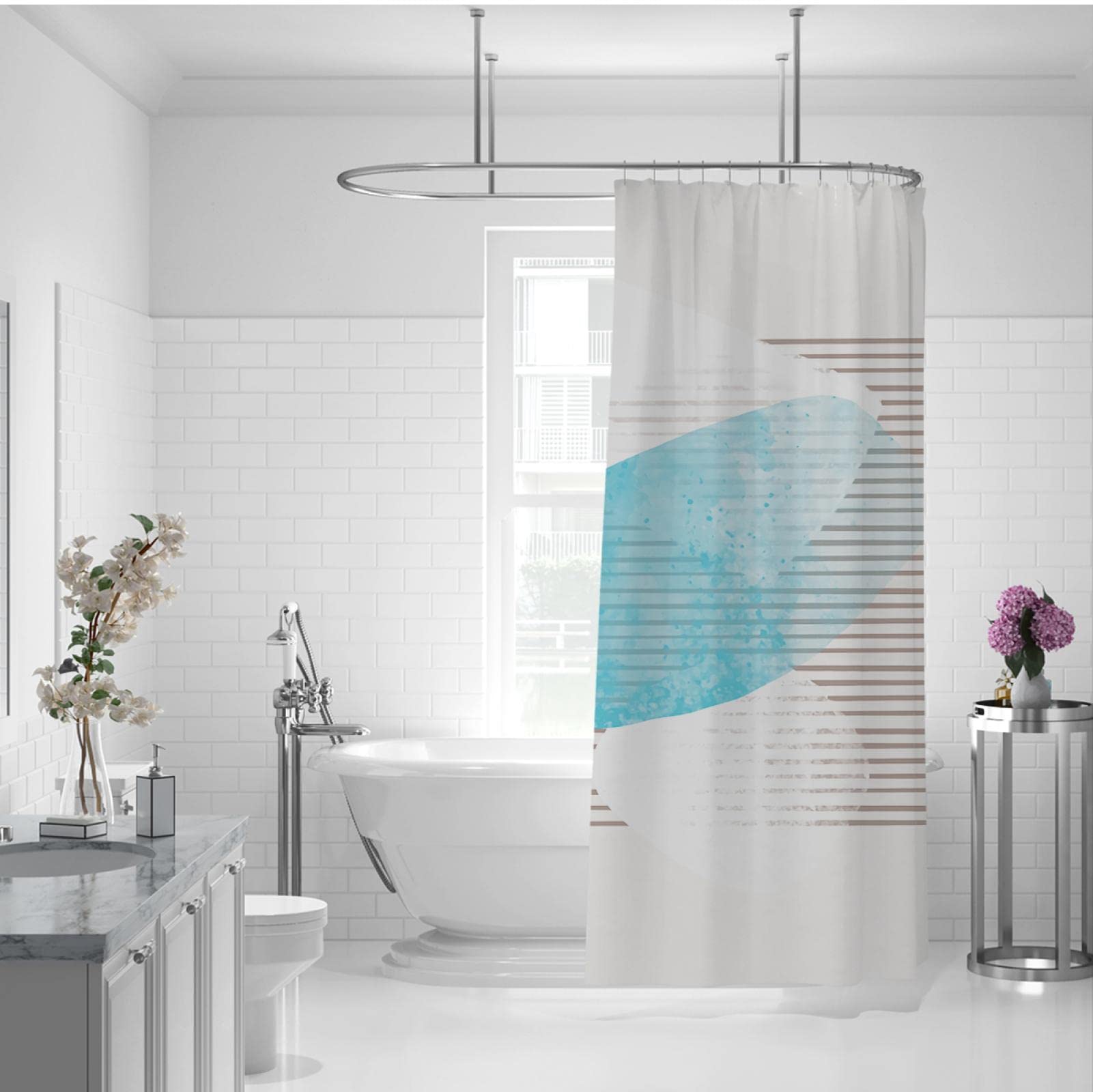 Modern blauw douchegordijn set met haken blauw en wit douchegordijn voor badkamer stof grijs douchegordijn abstract geometrisch badgordijnen decoratief grijs douchegordijn waterafstotend 72x72