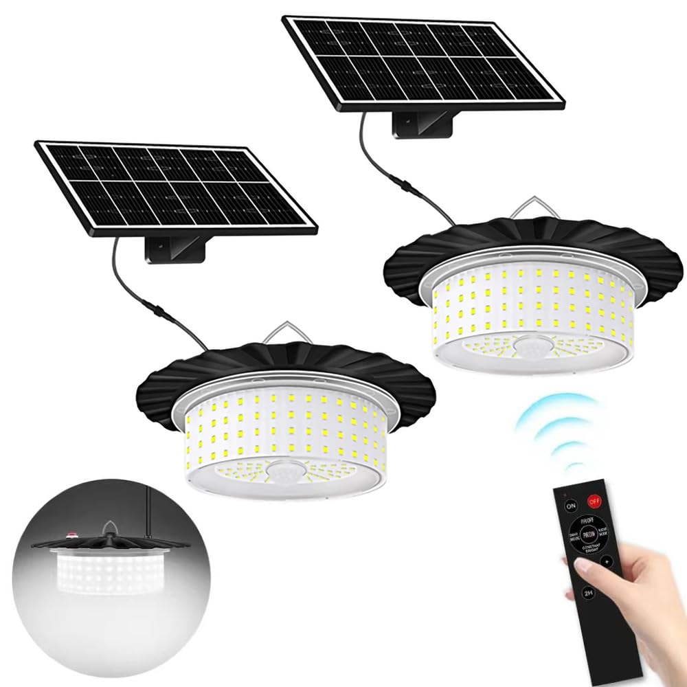 Luces solares colgantes para cobertizo, 3000 K/4000 K/6500 K/360 °/luces regulables con sensor de movimiento con control remoto, cable de 16.4 pies para cobertizo, kiosco, gallinero, hogar