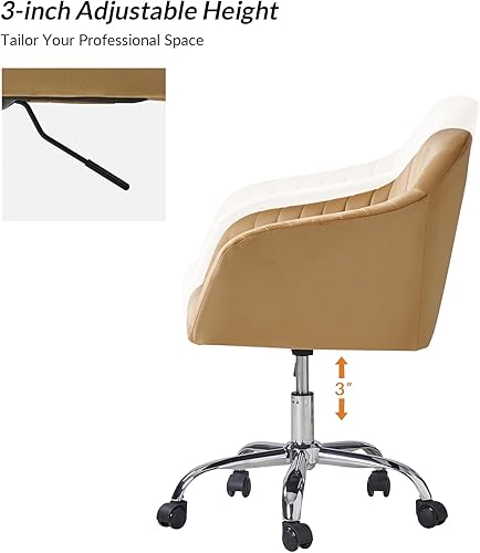 Miniatura 4 de HULALA HOME Silla de escritorio de oficina de terciopelo mostaza, silla giratoria para computadora con base de metal cromado, silla de trabajo