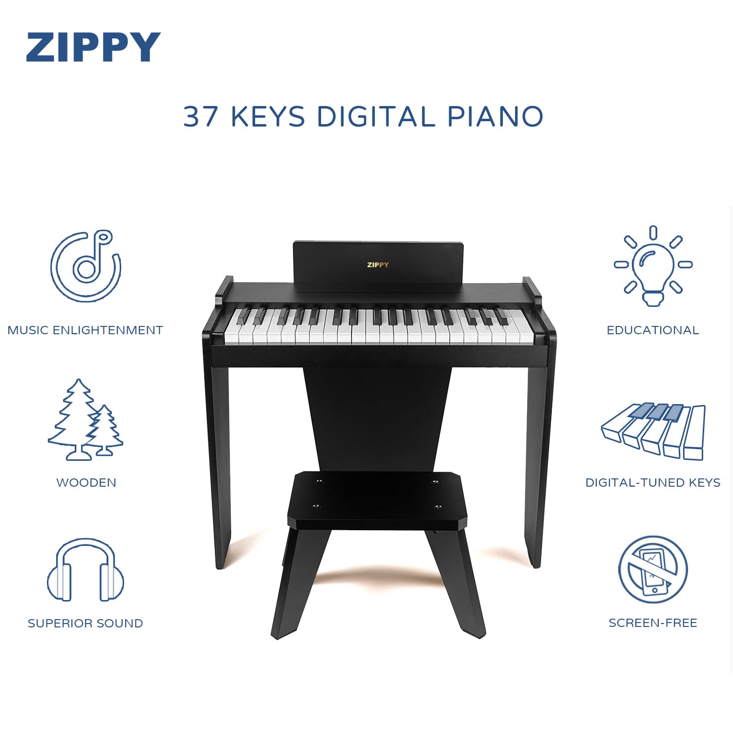 ZIPPY - Klaviertastatur für Kinder, 37 Tasten Digitales Klavier für Kinder, Musikpädagogisches Instrumentenspielzeug, Holzklavier für mehr als 3 Mädchen und Jungen, Schwarz Basic