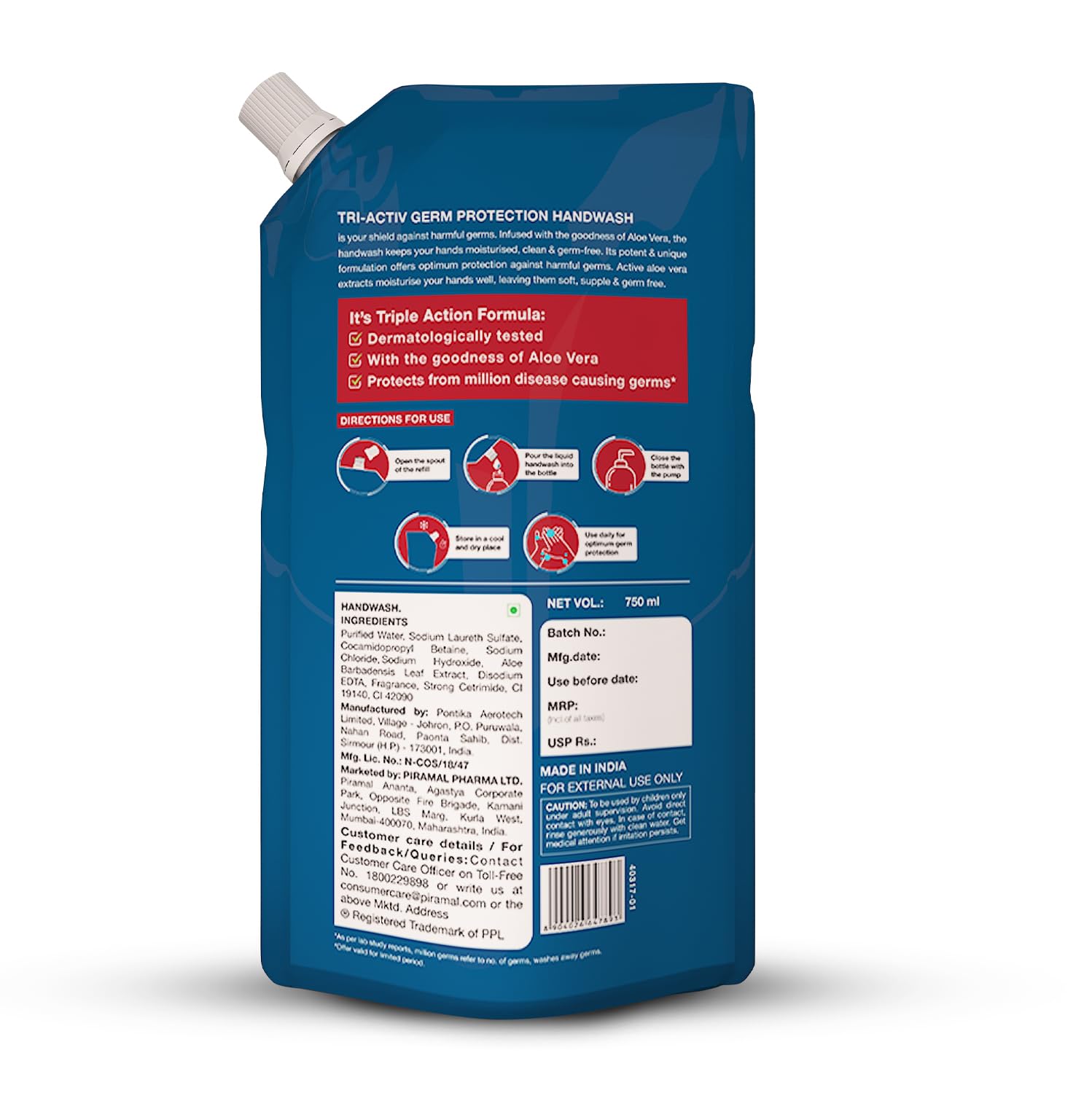 Tri-Activ Germ Protection Handwash Refill Pack | Protects from 99.9% disease causing germs | With goodness of Aloevera | Keeps hands soft & moisturized | Refreshing Avocado fragrance 750ml (750ml, 3) 1
