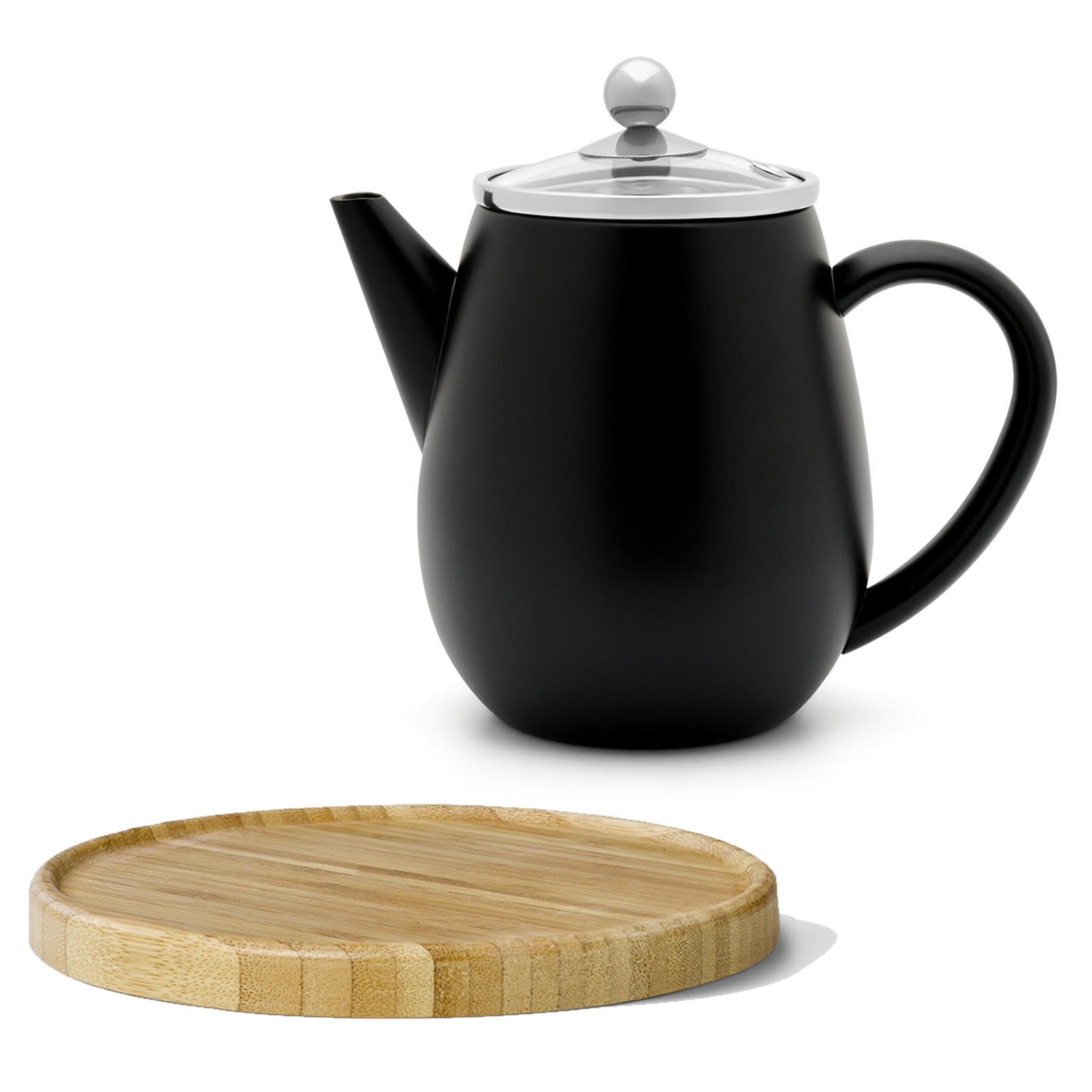 Bredemeijer Doppelwandige Mini Teekanne 0.5 Liter - schwarze isolierende Edelstahl Kanne Set mit braunem Holzuntersetzer & Tee-Filter-Sieb-Einsatz - für lose Teesorten