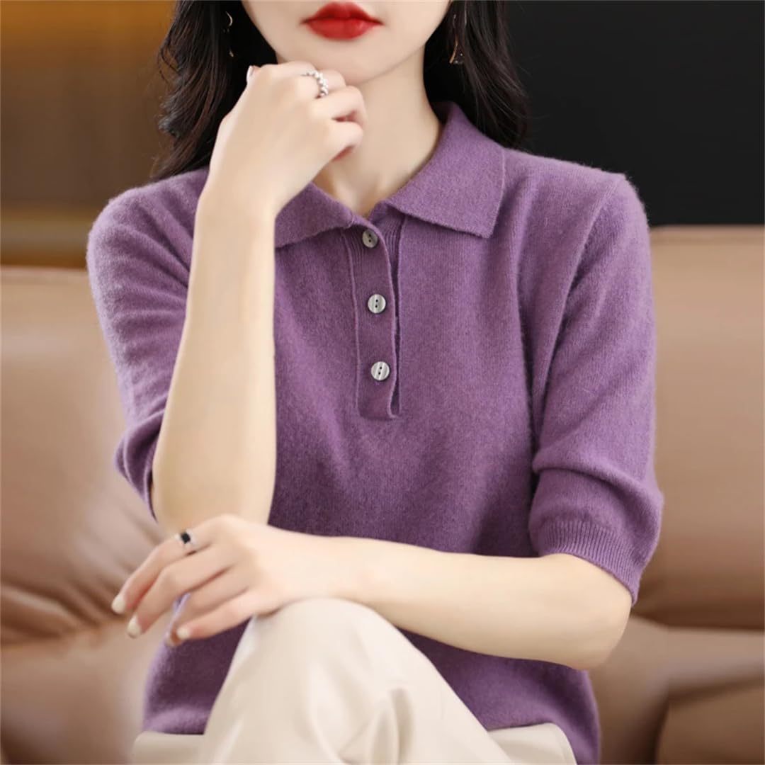 Wjnvfioo Lana Merino Manica Corta Donna Tinta unita Primavera ed Estate Risvolto Mezza Manica T-Shirt Camicia Corta Moda Top..