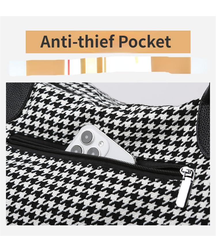 Houndstooth Travel Duffle Bag Gym Bag for Women Weekender Overnight Duffel Bag Tote Bag (Black)4