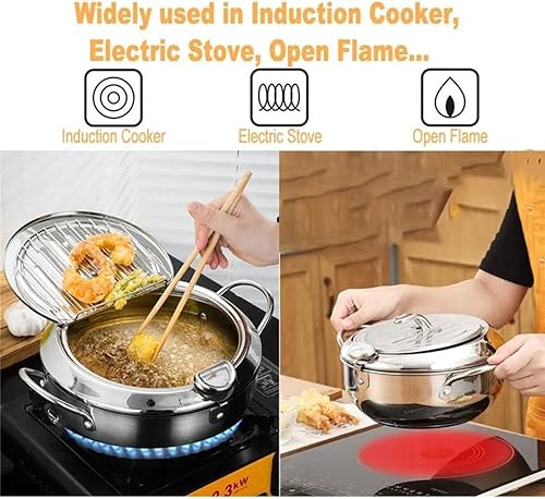 Miniatura 5 de SASHA SQUARE Olla de acero inoxidable estilo japonés con termómetro y tapa de drenaje para quitar el aceite adicional en la olla